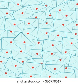 Vector seamless pattern of messy envelopes. Light blue paper with red heart