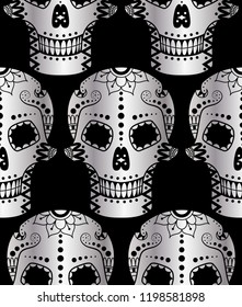 Vector seamless pattern of metal sugar skull with doodle floral elements on black background. Background for Mexican Day of the Dead