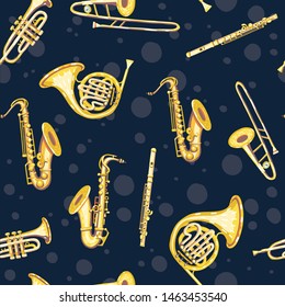 Vector seamless pattern with metal wind musical instruments: grench horns, flutes, saxophones, trumpets, trombones. Сlassical musical instruments. Warm and golden colors.  Dark background. 