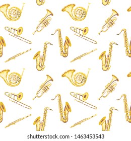 Vector seamless pattern with metal wind musical instruments: grench horns, flutes, saxophones, trumpets, trombones. Сlassical musical instruments. Warm and golden colors.  White background. 