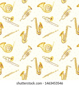 Vector seamless pattern with metal wind musical instruments: grench horns, flutes, saxophones, trumpets, trombones. Сlassical musical instruments. Warm and golden colors.  Light yellow background. 