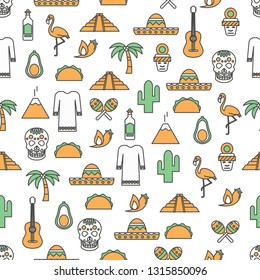 Vector seamless pattern with mexican culture and cuisine symbols sombrero maracas guitar cactus mayan pyramid taco sugar skull tequila etc. Thin line art flat style design Mexico background wallpaper.