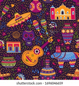 Vector seamless pattern of Mexican culture elements in colorful ethnic tribal style with ornaments. Can be used and printed on textile, apparel, fabric, wrapping paper, wallpaper.