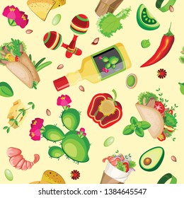 Vector seamless pattern. Mexican food with maracas and flowering cactus. Pastel Lemon Background