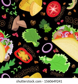 Vector seamless pattern. Mexican food, tacos, nachos and ingredients. Black background