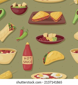 Patrón vectorial sin fisuras con comida mexicana, nachos, salsas calientes, tortillas. Comida rápida picante latinoamericana.