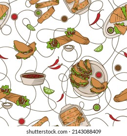 Vector seamless pattern with Mexican food: tacos, quesadillas, enchilada, burritos, chili con carne, chili, sauces. Hand-drawn illustration for fabric, textile, wrapping paper, design of menu, cafe.