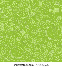 Vector seamless pattern of mexican food in linear style. Mexican national traditional food and drink flat icon made in pattern. Perfect for for web site, applications.