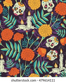 Vector seamless pattern of Mexican holiday "Day of the Dead". The illustration with traditional  sugar skulls, marigold flowers and candles
