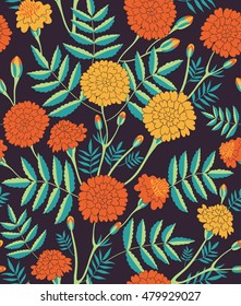 Vector seamless pattern of Mexican holiday "Day of the Dead". The illustration with traditional marigold flowers on the dark background
