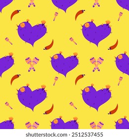 A vector seamless pattern with Mexican motifs, featuring cacti, maracas, and chili peppers. Created in yellow, red, and purple colors. It can be used for textiles, souvenirs, and paper printing