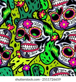 Vector seamless pattern with mexican skulls and cacti.