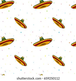 Vector seamless pattern with Mexican sombrero with abstract dot elements on white background for gift cards, invitation, textile, wrapping paper design.