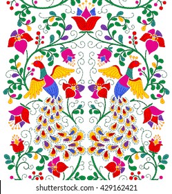 Vector seamless pattern in mexican style. Seamless abstract ethnic ornament. Peacock and flowers embroidery pattern.