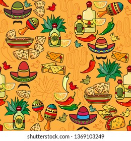 Vector seamless pattern of Mexican symbols. Sombrero, maracas, tequila, pepper, cactus isolated on yellow background.