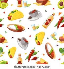vector seamless pattern with Mexican traditional food. Meat, avocado, tequila. Illustration isolate on white background