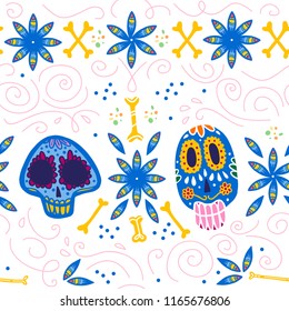 Vector seamless pattern for Mexico traditional celebration - dia de los muertos - with colorful skull, bones, floral ornament isolated on white background. Good for packaging design, print, decor, web
