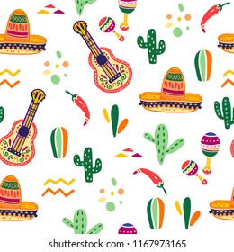 Vector seamless pattern with Mexico traditional celebration decor elements - guitar, sombrero, maracas, paprika, cactus & abstract ornaments isolated on white background. Good for packaging, prints.