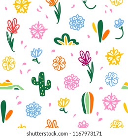 Vector seamless pattern with Mexico traditional decor elements - with colorful flowers, petals, cactus isolated on white background. Good for packaging design, print, decor, web etc.