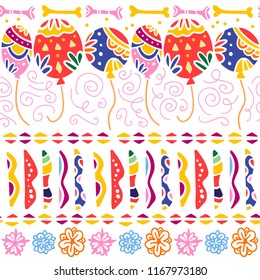 Vector seamless pattern for Mexico traditional celebration - dia de los muertos - with colorful air balloons, abstract ornaments, bones, flowers isolated on white background. Packaging design, prints.