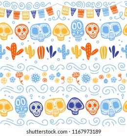 Vector seamless pattern for Mexico traditional celebration - dia de los muertos - with skull, garland, cacti, floral ornament isolated on white background. Good for packaging design, print, decor, web