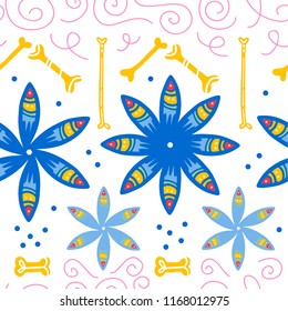 Vector seamless pattern for Mexico traditional celebration - dia de los muertos - with blue flowers, bones, floral ornament isolated on white background. Good for packaging design, print, decor, web.