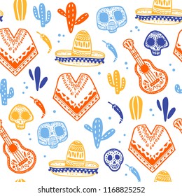 Vector seamless pattern for Mexico traditional celebration - dia de los muertos - with skull, poncho, cacti, guitar, sombrero isolated on white background. Good for packaging design, print, decor, web