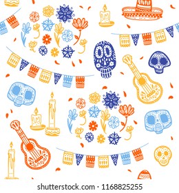 Vector seamless pattern for Mexico traditional celebration - dia de los muertos - with skull, garland, guitar, floral ornament isolated on white background. Good for packaging design, print, decor web