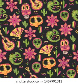 Vector seamless pattern with Mexico traditional celebration decor elements - guitar, skull, chameleon, fan, cactus, flower & abstract ornaments isolated on dark background. Good for packaging, prints.