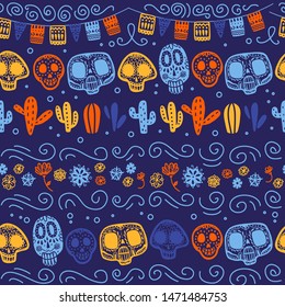 Vector seamless pattern with Mexico traditional celebration decor elements - skull, garland, flowers, cactus & abstract ornaments isolated on dark blue background. Good for packaging, prints, cards.