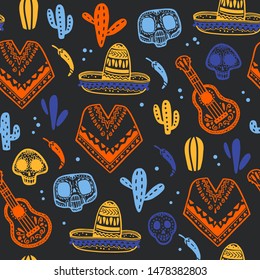 Vector seamless pattern with Mexico traditional celebration decor elements - guitar, sombrero, maracas, paprika, cactus, paprika, skull, poncho on dark background. Good for packaging, prints, textile.