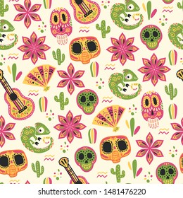 Vector seamless pattern with Mexico traditional celebration decor elements - guitar, skull, chameleon, fan, cactus, flower & abstract ornaments isolated on light background. Good for packaging, prints