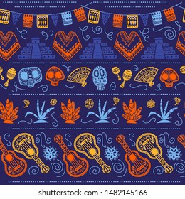 Vector seamless pattern with Mexico traditional celebration decor elements - skull, garland, flowers, guitar & abstract ornaments isolated on dark blue background. Good for packaging, prints, cards.