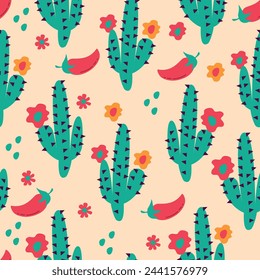 Vector seamless pattern for Mexico traditional celebration with cactus, plants for packaging design