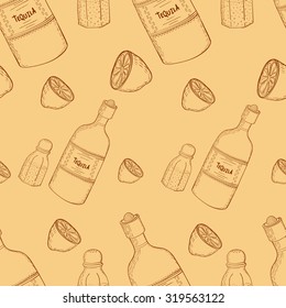 Vector seamless pattern with Mexico traditional drink. Tequila bottle, lime and salt.