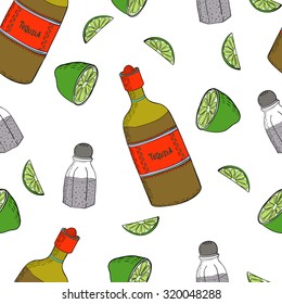 Vector seamless pattern with mexico traditional drink. Tequila bottle, lime and salt.