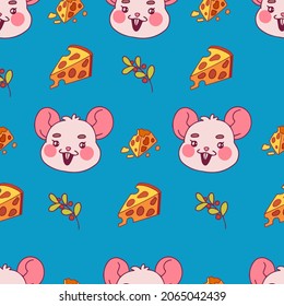 Vector seamless pattern with mice and cheese. Pieces of cheese and rats. Funny rodent cartoon pattern with a cute children's cartoon character for printing on fabric, wrapping paper, toys, banners