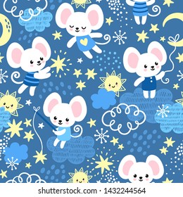 Vector seamless pattern with mice in childish cartoon style. Background picture with animals and stars.