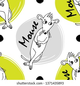 Vector seamless pattern with mice. Hand drawn illustration of rat. White, black and yellow.