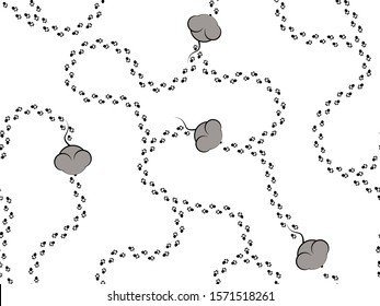 Vector seamless pattern with mice, rats, mouse paw prints track. Small srodent animals pawprints, monochrome, isolated on white background. Chinese zodiac, symbol of New Year 2020. 