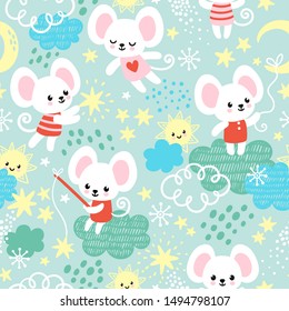 Vector seamless pattern with mice and stars. Cartoon style picture on a children's theme.
