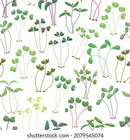 Vector seamless pattern with microgreens. Healthy young seedlings. Healthy eco-friendly food. Flat background