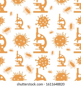 Vector seamless pattern microscope, microbe, virus, bacteria, disease germs microorganism on white background. Lab. Biology, medicine, pharmacy, experiment Science Design for websites, wrapping, print