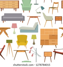 Vector seamless pattern with mid-centrury modern furniture items. Beautiful interior design elements, perfect for prints and patterns.