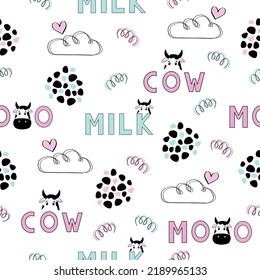Vector seamless pattern with milk and cows