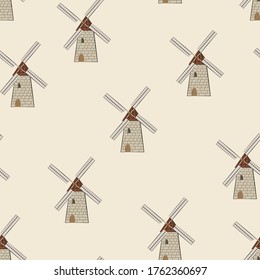 Vector seamless pattern of mills on a light brown background. It can be used in packaging, printing on fabric, napkins.