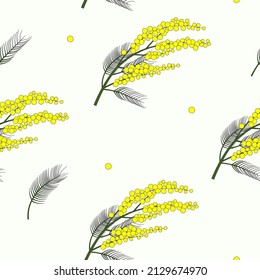 Vector seamless pattern with mimosa. Vector repeating print for fabrics, paper, textile, gift wrap, banners or web design with mimosa flowers. Vector repeating background with mimosa blossom.
