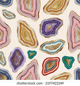 Vector seamless pattern with minerals. Minerals with golden texture. Imitation gold. Seamless background for printing on paper, packaging, wrapping paper