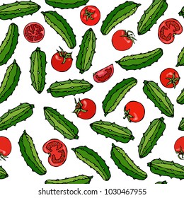 Vector Seamless Pattern with Mini Cucumbers Pickling, Gherkin, Pickles and Red Tomatoes and Tomato Slices. Fresh Green Vegetable Salad. Healthy Vegetarian Cuisine. Savoyar Doodle Style.
