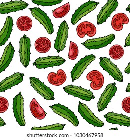 Vector Seamless Pattern with Mini Cucumbers Pickling, Gherkin, Pickles and Red Tomato Slices. Fresh Green Vegetable Salad. Healthy Vegetarian Cuisine. Savoyar Doodle Style.
